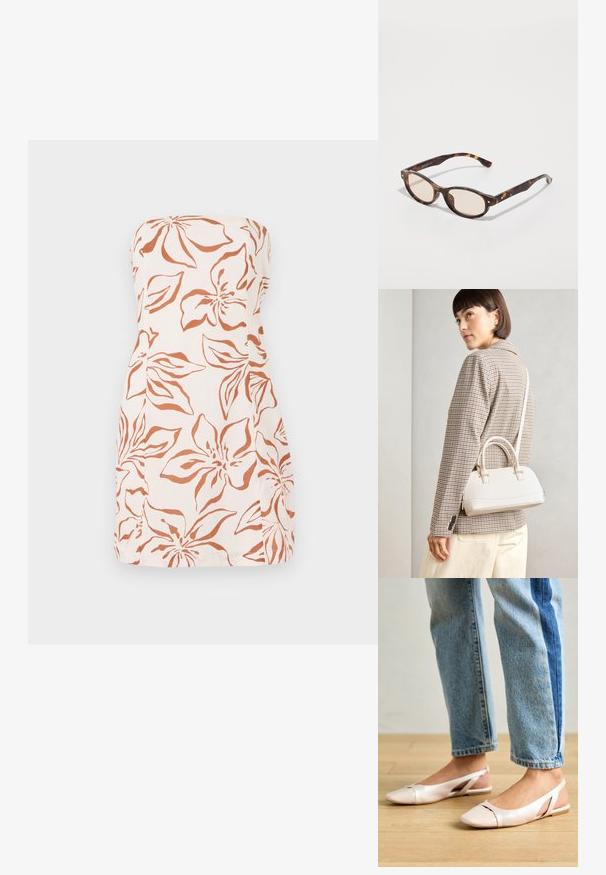 Bešvarkis suknelė iš lengvos medžiagos, su oranžinėmis gėlėmis ant kreminio fono. Tiesus kirpimas su paprasta apdaila.; Šviesiai rožiniai slingback baleto bateliai su smailiu pirštu, pagaminti iš lygios odai panašios medžiagos. Yra išpjovimų detalės šonuose ir plokščias kulnas.; Žalios spalvos akinių rėmeliai su apvalia forma ir šviesiais objektyvais. Savybės: tvirtos šakės su mažomis auksinėmis detalėmis, pagamintos iš plastiko.; Balta struktūruota rankinė su trumpomis rankenomis ir peties diržu, su auksinėmis detalėmis ir tekstūruota medžiaga, pastatyta prieš pilką foną.