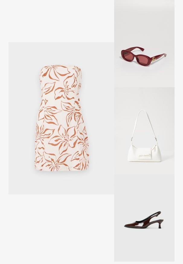 Strapless jurk van lichte stof, met een oranje bloemmotief op een crèmekleurige achtergrond. Rechte snit met een eenvoudige zoom.; Bruine gepatineerde leren slingback-schoen met een spitse neus en een gematigd hakje. Voorzien van een gespsluiting voor een veilige pasvorm. Glad van textuur.; Rode plastic zonnebril met rechthoekige monturen, getinte lenzen en een gouden logo-accent op de pootjes. Gladde, glanzende afwerking.; Witte synthetische handtas met een driehoekige vorm, platte voorklep en strikdetail, verstelbare schouderriem, gladde textuur en minimalistisch ontwerp.