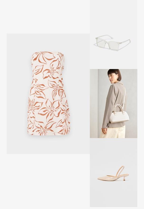 Selerløs kjole i let stof med et orange blomstermønster på en cremet baggrund. Lige snit med en enkel kant.; Beige patenteret læder slingback høje med spids tå og en slank, firkantet hæl. Glat tekstur og minimalistisk design uden udsmykninger.; Klare plastiske briller med firkantet ramme og gennemsigtige linser, der har guld accenter på tempelstængerne for ekstra detaljer.; Hvid struktureret taske med korte håndtag og en skulderrem, prydet med guldfarvede hardwaredetaljer og tekstureret materiale, præsenteret mod en grå baggrund.