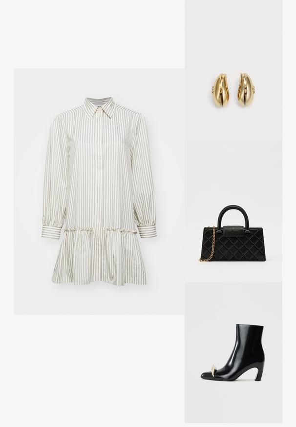 sandro DRESS WITH STRIPE - Košilové šaty - kaki/rose; Černé kotníkové boty vyrobené z lesklé kůže, s špičatou špičkou a dekorativním zlatým a stříbrným akcentem na přední straně. Design s blokovým podpatkem.; Černá kabelka vyrobená z texturované kůže se vzorem diamantů, zlatě tónovaný řetízek, a horní rukojeť s klopou opatřenou embosovaným logem.; Náušnice ve zlatém tónu s plynulým, zakřiveným designem. Každá náušnice má hladký povrch a malý uzávěr s ozdobným detailem.