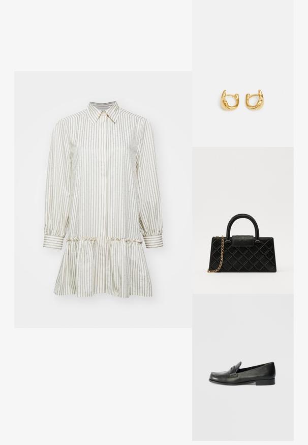 sandro DRESS WITH STRIPE - Ingruha - kaki/rose; Fekete bőr loaferek, lekerekített orral, kiemelt varrással és alacsony, fakanál talppal. Simább textúra, finom fényű.; Fekete kézitáska texturált bőrből, gyémántmintázattal, aranyszínű láncos pánttal és logóval gravírozott fedélzárral ellátott felső fogantyúval.; Arany karika fülbevalók sima, lekerekített kialakítással, fényes felülettel. A fülbevalók kompakt, tömzsi formájúak, és zökkenőmentes kapoccsal rendelkeznek.