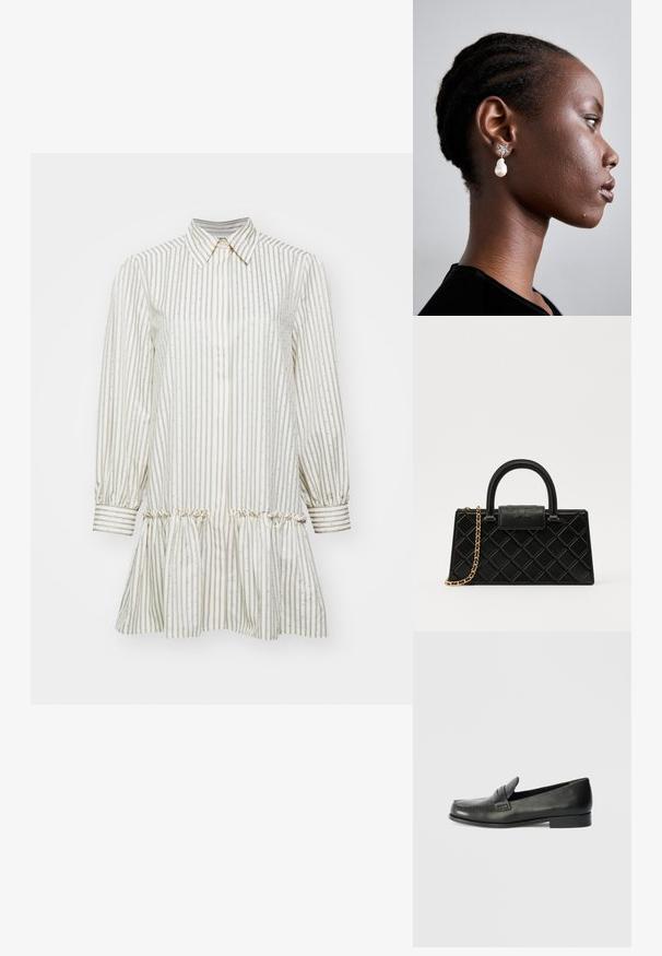 sandro DRESS WITH STRIPE - Rochie tip cămașă - kaki/rose; Mocassiini din piele neagră cu vârf rotund, detalii cu cusături înălțate și un toc mic cu talpă stivuită. Textură netedă cu un luciu subtil.; Geantă de mână neagră din piele texturată, cu un model în diamant, curea din lanț cu ton auriu și un mânere superior cu o închidere cu clapetă embosată cu logo.; Tory Burch STAR DROP EARRING - Cercei - silver-coloured