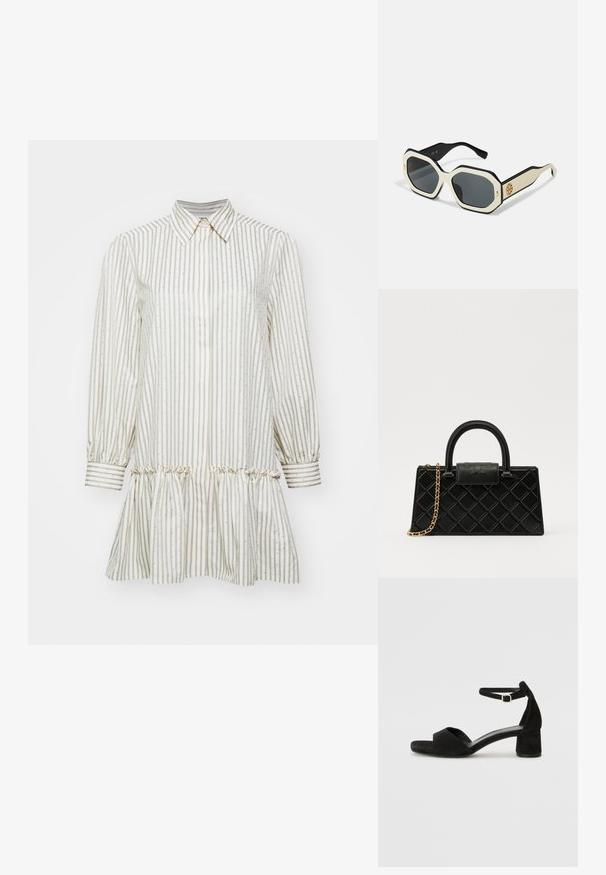 sandro - Sukienka koszulowa; Czarne zamszowe sandały na obcasie z cienkim paskiem wokół kostki, otwartym noskiem i skromnym słupkowym obcasem. Gładka faktura i minimalne akcenty.; Okulary przeciwsłoneczne z ośmiokątną białą ramką, czarnymi krawędziami i szarymi szkłami. Złoty detal logo po bokach dodaje wyrazistego akcentu.; Czarna torebka wykonana z fakturowanej skóry, z wzorem w romby, złotą łańcuszkową rączką oraz górnym uchwytem z klapą z wytłoczonym logo.