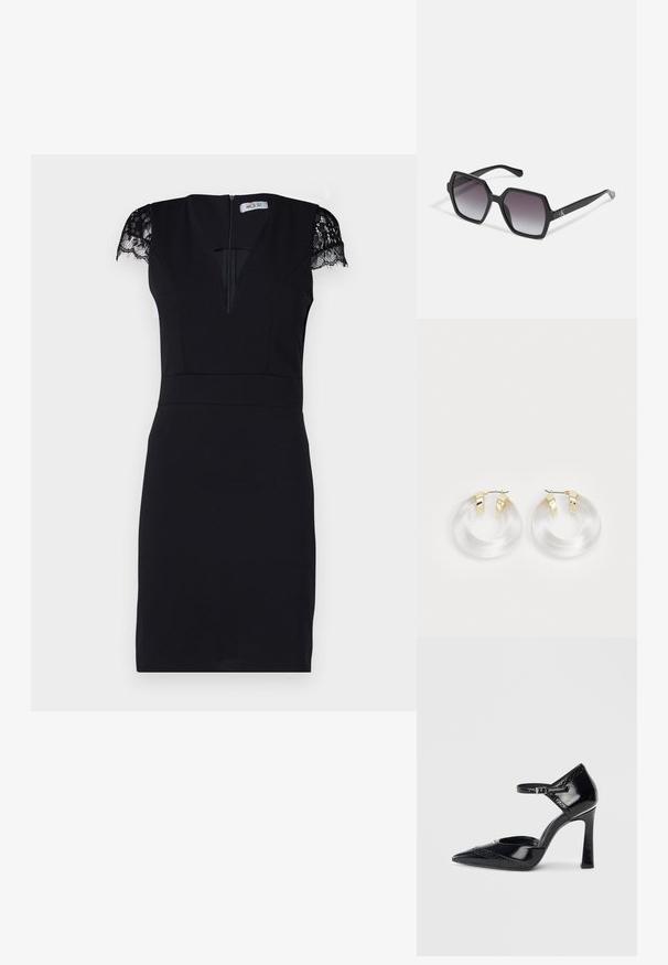 WAL G TALL SAMMY MINI DRESS - Koktejlové šaty / šaty na párty - black; Černá lakovaná vysoká podpatková bota s špičatou špičkou, kotníkovým páskem a dekorativním perforovaným zdobením podél okraje.; Černé hexagonální sluneční brýle se stupňovitou čočkou, s lesklým povrchem a jemným logem na spánku. Odolná plastová konstrukce.; Průhledné akrylové kruhové náušnice se zlatými kovovými akcenty a lesklým povrchem. Mají hladký, kruhový design.