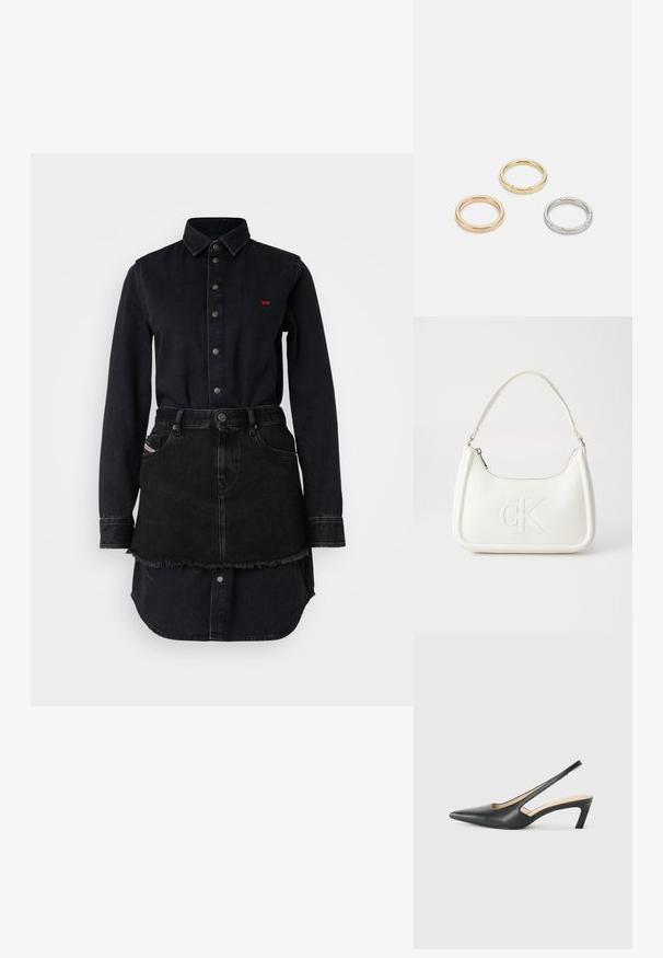 Robe chemise en denim noir avec fermeture à boutons, manches longues et ourlet effiloché. Présente un logo rouge sur la poitrine et deux poches.; Slingback noir à bout pointu avec un petit talon, en cuir lisse et doté d'un design découpé sur le côté pour plus de respirabilité.; Sac à main en cuir blanc avec une forme courbée, arborant un logo "CK" embossé à l'avant et une seule bandoulière. Fermeture à glissière en haut.; Trois anneaux en métal : un en or rose, un en or avec des accents texturés, et un en argent, tous avec une gravure de marque à l'intérieur de la bande.