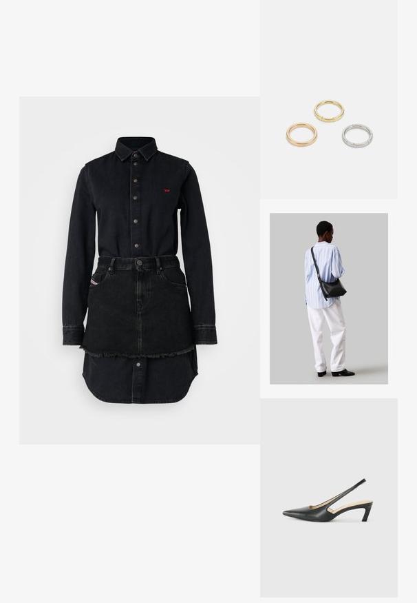 Fekete farmering ruhás ruha gombos zárással, hosszú ujjakkal és szálkás szegéllyel. A mellkasán piros logó található, valamint két zseb.; Fekete, hegyes orrú, slingback cipő alacsony sarkával, sima bőrből készült, oldalt kivágott deisgnal a légáteresztőképesség érdekében.; Fekete bőr válltáska puha tapintással, háromszög alakú, állítható pánttal, világoskék csíkos inggel és fehér nadrággal párosítva.; Három fémgyűrű: az egyik rose gold, a másik texturált akcentusokkal ellátott arany, a harmadik pedig ezüst, mindegyiken gravírozott márkajelzés található a belső sávon.