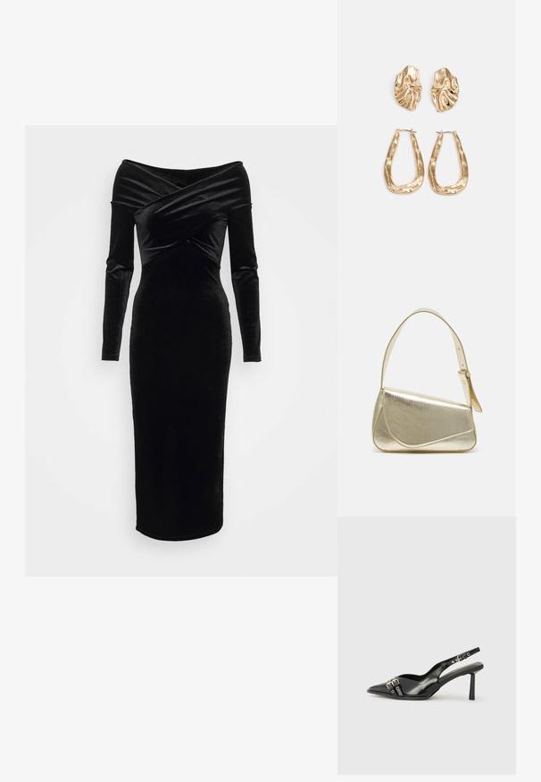 Melna zīda bezplecu kleita ar garām piedurknēm, pieguļoša silueta un krūšu daļas krustojuma dizains. Midi garums un gluda tekstūra.; Melnā patentēta ādas sandale ar norādītu purngalu, potītes siksniņām ar sudraba sprādzēm un aparatūru, kā arī smalku papēdi.; Zelta metāla somiņa ar strukturētu dizainu, gludu tekstūru un regulējamu siksniņu. Iezīmējas ar unikālu trīsstūrveida formu un minimālistisku šuvumu.; Zelta krāsas auskari ar teksturētām, viļņotām formām. Iekļauts skulpturāls piespraužams modelis un atvērta gredzenveida konstrukcija ar izsistām virsmām.