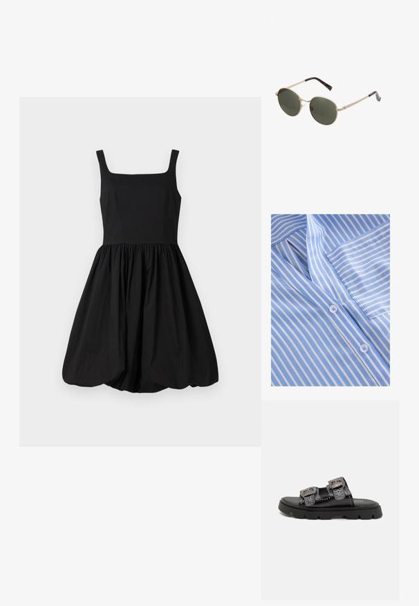 Rochie neagră fără mâneci, cu decolteu pătrat, bust ajustat și fustă plisată, evazată, care se termină cu un tiv rotunjit. Țesătură netedă.; Cămașă cu dungi albastre deschise și albe, cu nasturi în față, guler cu rever, buzunar frontal și textură netedă a materialului cu nasturi plano.; Sandale negre cu două curele late, decorate cu ținte și catarame detaliate, montate pe o talpă din cauciuc texturat și rezistentă.; Ochelari de soare rotunzi cu rame metalice aurii și lentile de un verde închis. Brațele au un design cu model țestoasă pentru un detaliu suplimentar.; Geantă de mână din piele ecologică neagră, cu textură matlasată, formă curbată, curea din lanț argintie și un accent mic cu logo în față.