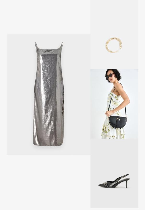 Sidabrinė metalinė slydimo suknelė su plonais petnešomis, lygiu paviršiumi ir tiesia siluetu, pasižyminti švelniu blizgesiu ir minimalistiniu dizainu.; Juodas lakuotas odinis batelis su smailiu pirštu, kulkšnies dirželiais su sidabrinėmis sagtimis ir detalėmis, bei plonu kulnu.; Juodas odinis krepšys su išlenkta forma, nuimamu dirželiu ir auksiniais detalėmis. Krepšys turi kilpą su sagtimi.; Auksinės spalvos žiedas, turintis organišką, sukimosi dizainą su lygiu paviršiumi ir siaurėjančiais galais, sukuriantis modernią skulptūrinę išvaizdą.