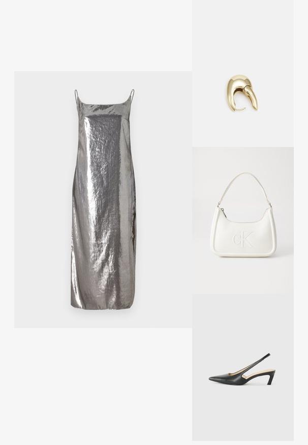 Srebrna metalik slip haljina s tankim naramenicama, glatke teksture i ravnog silueta, s suptilnim sjajem i minimalističkim dizajnom.; Crne cipele s izduženim vrhom i remenom oko pete, s niskom petom, izrađene od glatke kože i s izrezbarenom stranom radi prozračnosti.; Bijela kožna torba s zakrivljenim oblikom, koja na prednjoj strani ima utisnut logotip "CK" i jedan remen za nošenje preko ramena. Zatvaranje na munju na vrhu.; Zlatne metalne naušnice s elegantnim, zakrivljenim dizajnom. Imaju karakterističan šiljast oblik, poliranu površinu i zatvaranje na šarku.