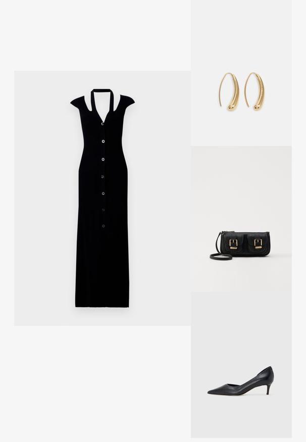 Svart ribbat maxiklänning med korta ärmar, knäppning fram, djup V-ringning och figurnära silhuett. Slät textur och elegant design.; Svart läderpumps med spetsig tå och låg klack. Har en slät textur och subtil glans. Öppet utskuret fram för extra detalj.; Svart läderaxelväska med två framfickor, guldspännen, dragkedjestängning och en smal rem. Texturerad yta och kompakt rektangulär form.; Guldtonade metallörhängen i en kurvad, avlång form. Har en slät, glänsande yta och en rundad spets för en extra detalj.