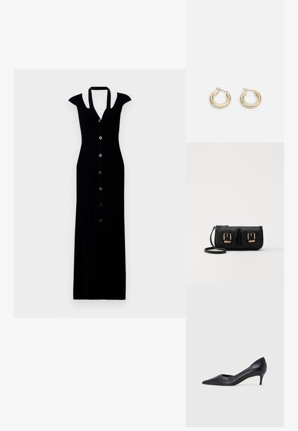 Črna rebrasta maksi obleka s kratkimi rokavi, gumbi spredaj, globokim V-izrezom in oprijeto silhueto. Gladka tekstura in elegantna zasnova.; Črni usnjeni čevelj s koničastim prstom in nizkim tihim peto. Ima gladko teksturo in subtilen lesk. Spredaj odprt izrez za dodaten detajl.; Črna usnjena torbica čez ramo z dvema sprednjima žepoma, zlatimi zaponkami, zadrgo in ozkim pasom. Tekstura površine je strukturirana, obliko pa ima kompaktno pravokotno.; Lauren Ralph Lauren BASIC SMALL HOOP - Uhani - gold-coloured