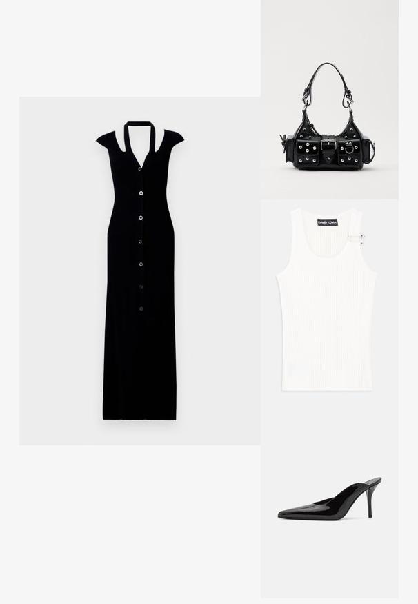 Czarna, prążkowana sukienka maxi z krótkimi rękawami, guzikiem z przodu, głębokim dekoltem w kształcie litery V i dopasowanym krojem. Gładka faktura i elegancki fason.; Biała prążkowana bluzka na ramiączkach z okrągłym dekoltem i metalowym akcentem na ramieniu. Miękka tekstura, dopasowany fason i bezrękawowy styl.; Czarne lakierowane mule na wysokim obcasie z wąskim noskiem i elegancką sylwetką, charakteryzujące się otwartym tyłem i smukłym szpilką.; Czarna skórzana torebka w zakrzywionym kształcie, z srebrnymi ćwiekami, klamrą i dwoma bocznymi kieszeniami. Regulowany pasek umożliwiający różne opcje noszenia.
