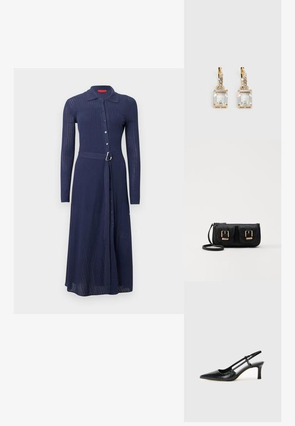 Robe bleu marine côtelée avec manches longues, fermeture à boutons sur le devant et taille ceinturée avec une boucle argentée. Elle comporte un col et une coupe longue jusqu'aux chevilles.; Escarpin slingback en vernis noir avec un bout pointu, présentant un imprimé serpent texturé, une sangle réglable et un petit talon bloc texturé.; Sac en cuir noir porté en travers avec deux poches avant, boucles dorées, fermeture zippée et une sangle fine. Surface texturée et forme rectangulaire compacte.; Boucles d'oreilles en or lumineux avec un cristal rectangulaire transparent pendent sous une rangée de petits accents ronds transparents. Design élégant et moderne.