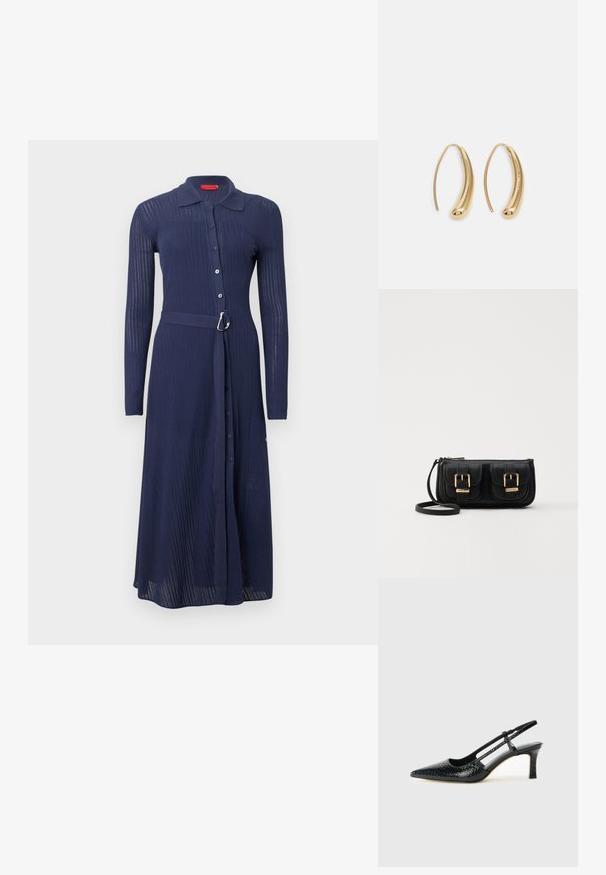 Navy blue ribbed dress with long sleeves, button-down front, and a belted waist featuring a silver buckle. Features a collar and full-length design.; Black patent slingback heel with a pointed toe, featuring textured snake print, adjustable strap, and a short, textured block heel.; Black leather crossbody bag with two front pockets, gold buckles, zipper closure, and a slim strap. Textured surface and compact rectangular shape.; Gold-tone metal hoop earrings with a curved, elongated shape. Features a smooth, shiny surface and a rounded tip for added detail.