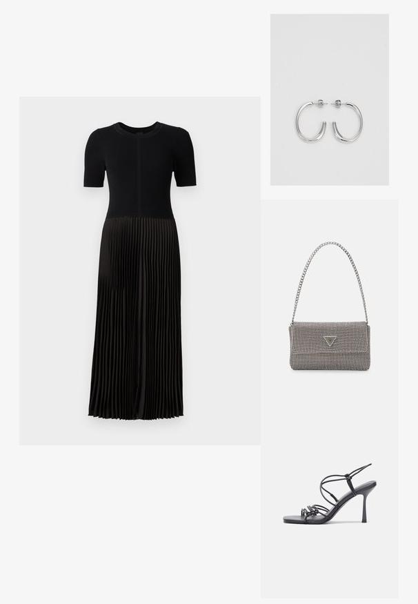 Fekete ruha bordázott toppal és plisszírozott szoknyával. Rövid ujjú és kerek nyakkivágású. Az anyag puhanak tűnik, sima textúrával.; Fekete magas sarkú szandálok vékony pántokkal, csomózott mintával, sima négyzetes orral és karcsú stiletto sarkal rendelkeznek.; Világosszürke fémes kézitáska lánc pánttal, kis kör alakú fém kifinomult díszítéssel és háromszög alakú márkagéppel.; Ezüst karika fülbevalók sima, fényes felülettel, ívelt formával és postazáras zárral. Minimalista, modern kivitel.