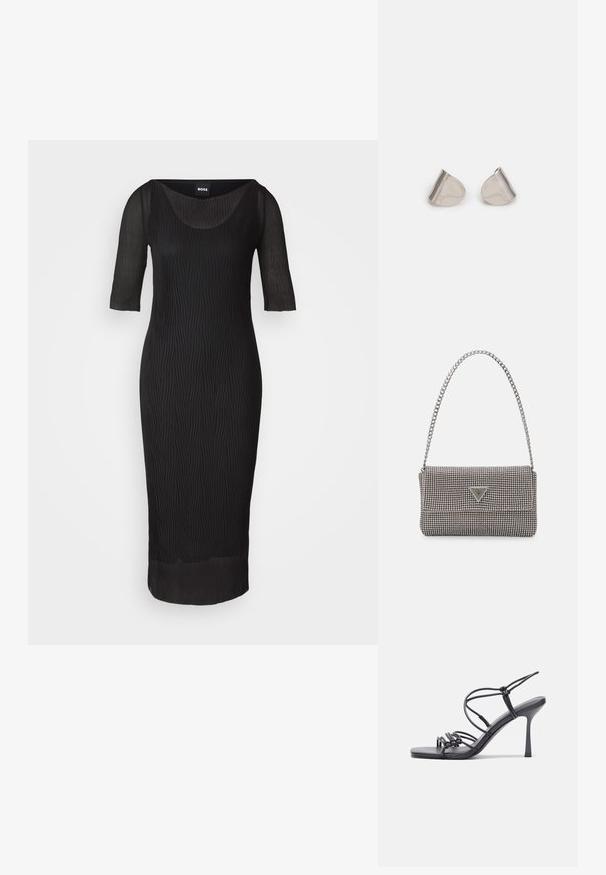 Musta mekko, jossa on pyöreä kaula-aukko, kolmen neljänneksen hihat ja pystysuora laskostus. Polvimittainen, tiukka siluetti ja läpikuultavia yksityiskohtia.; Mustat korkokengät sandaalit, joissa on ohuet hihnat solmittuna, sileä neliön muotoinen varvasosa ja tyylikäs stiletto-korko.; Vaalea harmaa metallinen käsilaukku, jossa on ketjusanka. Laukku on koristeltu pienillä pyöreillä metallikoruilla ja kolmion muotoisella brändilogolla.; Hopea metalliset korvakorut, joissa on sileä, pisaramainen muoto ja kiillotettu pinta. Huomaamattomat kaiverrukset lisäävät yksityiskohtia. Minimalistinen muotoilu.