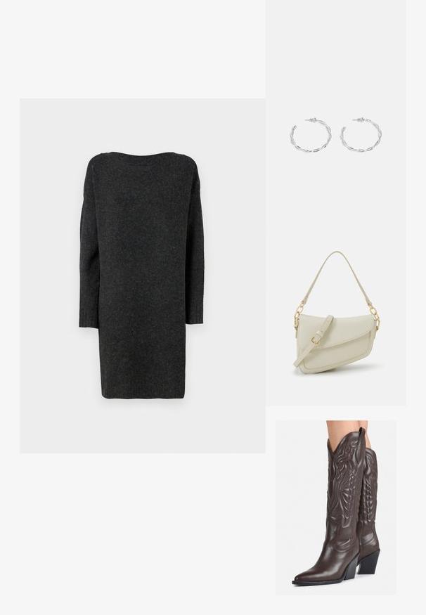 Dlouhé, tmavě šedé svetr šaty vyrobené z měkkého, texturovaného materiálu. Mají široký výstřih a dlouhé, přiléhavé rukávy s žebrovanými manžetami.; Hnědé kožené kovbojské boty s špičatou špičkou a blokovým podpatkem, se zdobným prošíváním a vyvýšenými akcenty na nárazu.; Malá krémová kabelka s texturovaným povrchem, dlouhým nastavitelným popruhem, řetízkovým akcentem a klopou. Ozdobné detaily zlaté barvy.; Stříbrné kruhové náušnice s točeným designem, se lesklým povrchem a uzávěrem na kolík. Průměr přibližně 3 cm.