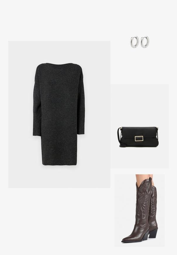 Pikk, tumehall soe kleit, mis on valmistatud pehmest, tekstuurist materjalist. Omab laia kaelust ja pikki, istuvaid varrukaid ribatud randmetega.; Pruunid nahast cowboy saapad terava varbaga ja plokk-kandaga, millel on detailne tikand ja kergelt tõstetud aktsendid varrel.; Must haben musta nahkklahviga kott, millel on klapp ja kuldne metallist pandla detail. Kaasas must rihm ja stiilne, minimalistlik disain.; Hõbedased rõngassüstid läikiva viimistlusega, millel on ümmargune disain ja sujuvad hinged, mis näitavad sileda tekstuuri.