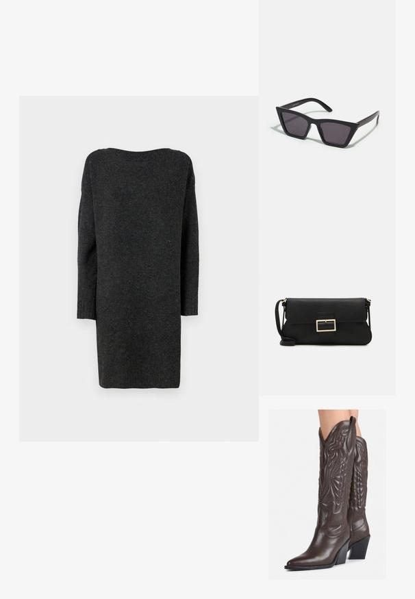 Abito maglione lungo di un grigio scuro, realizzato in un materiale morbido e testurizzato. Presenta un ampio scollo e maniche lunghe attillate con polsini a coste.; Stivali da cowboy in pelle marrone con punta affusolata e tacco a blocco, caratterizzati da dettagliati ricami e accenti rialzati sul gambale.; Occhiali da sole neri e angolari con lenti grigie; realizzati in plastica, con aste spesse dalla superficie liscia e senza hardware visibile.; Borsa a mano in pelle nera con patta e dettaglio in metallo dorato. Include una tracolla nera e un design elegante e minimalista.