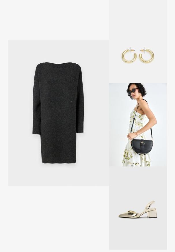 Ilgas, tamsiai pilkas megztinis suknelė, pagaminta iš minkštos, tekstūruotos medžiagos. Turėtų plačiu kaklu ir ilgomis, prigludusiomis rankovėmis su gebekliukais.; Auksiniai, metaliniai slingback aukštakulniai bateliai su smailiu pirštu ir masyviu kulnu. Lygus paviršius, minimalizmo dizainas ir siaura juostelė.; Juodas odinis krepšys su išlenkta forma, nuimamu dirželiu ir auksiniais detalėmis. Krepšys turi kilpą su sagtimi.; Aukso auskarai su lygiu, blizgiu paviršiumi. Apvalus dizainas su maža užrakto dalimi ir skaidria atrama saugiam nešiojimui.