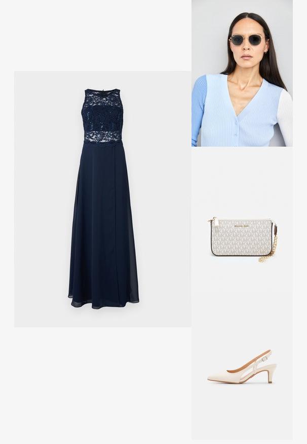 Mørkeblå aftenkjole med blonder og perler, ærmeløs design og en svævende nederdel med høj slidsdetalje.; Hvit slingback-hel med spiss tå, glatt overmateriale, lav blokkhelt, og cut-out-design på siden med justerbar spenne.; Runde solbriller med mørke linser og guldrammer. Modellen har en lyseblå, ribbet cardigan med knapper og kontrast hvide ærmer på.; Michael Kors håndleddsveske i beige belagt kanvas med et gjentakende MK-logo mønster, gullfarget maskinvare og en avtakbar kjede-rem.