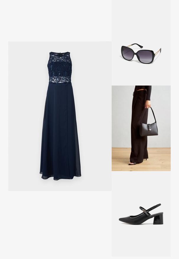 Tummansininen iltamekko, jossa on pitsikorsetti ja paljetteja, olkaimeton muotoilu sekä virtaava hame, jossa on korkea halkio.; Musta lakattu nahka slingback-korkokengät, joissa on terävä kärki, pyöreä aukko-muotoilu ja lohkokorko. Varustettu kultasävyisellä solkiyksityiskohdalla.; Mustat ylisuurten kehysten aurinkolasit, joissa on liukuväri-linssit, paksut kehykset ja kultasävyiset ketjustuskoristeet temppeleissä.; Musta käsilaukku, jossa on rakenteellinen muoto, sileä pinta ja metallinen solki. Yhdistetty leveisiin mustiin housuihin ja avonaiheisiin sandaaleihin puulattialla.