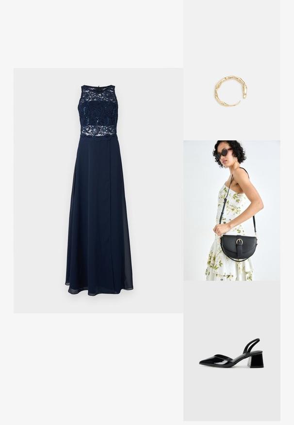 Navyblaues Abendkleid mit einem Spitzenoberteil und Pailletten, ärmelloses Design und einem fließenden Rock mit einem hohen Schlitz.; Schwarze Lackleder-Slingback-High Heels mit spitzem Schuh und einem geometrischen Blockabsatz. Verfügt über ein schlankes, minimalistisches Design und eine glatte Textur.; Schwarze Lederhandtasche mit geschwungener Form, abnehmbarem Tragegurt und goldenen Beschlägen. Die Tasche verfügt über einen Deckel mit einer Schnallen-Details.; Goldfarbener Ring mit einem organischen, gedrehten Design, glatter Oberfläche und sich verjüngenden Enden, was ein modernes, skulpturales Erscheinungsbild erzeugt.
