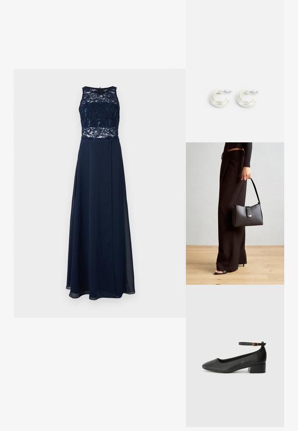 Námořnická modrá večerní toaleta s krajkovým korzetem se flitry, bez rukávů a s volnou sukní a vysokým rozparkem.; Černé kožené lodičky s špičatou špičkou a nízkým blokovým podpatkem. Obsahují pásek kolem kotníku se zlatou sponou. Hladký povrch.; Černá kabelka se strukturovaným tvarem, hladkým povrchem a kovovým uzávěrem. Kombinována s širokými černými kalhotami a sandály s otevřenou špičkou na dřevěné podlaze.; Stříbrné náušnice ve tvaru zkrouceného kruhu s texturovaným povrchem a rýhovanými detaily, uzamčené na klips.