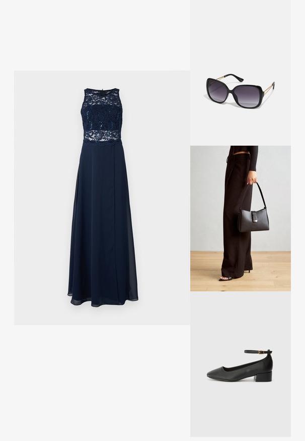 Námořnická modrá večerní toaleta s krajkovým korzetem se flitry, bez rukávů a s volnou sukní a vysokým rozparkem.; Černé kožené lodičky s špičatou špičkou a nízkým blokovým podpatkem. Obsahují pásek kolem kotníku se zlatou sponou. Hladký povrch.; Černé oversized sluneční brýle se gradientními skly, silnými rámy a zlatými řetízkovými detaily na nožičkách.; Černá kabelka se strukturovaným tvarem, hladkým povrchem a kovovým uzávěrem. Kombinována s širokými černými kalhotami a sandály s otevřenou špičkou na dřevěné podlaze.