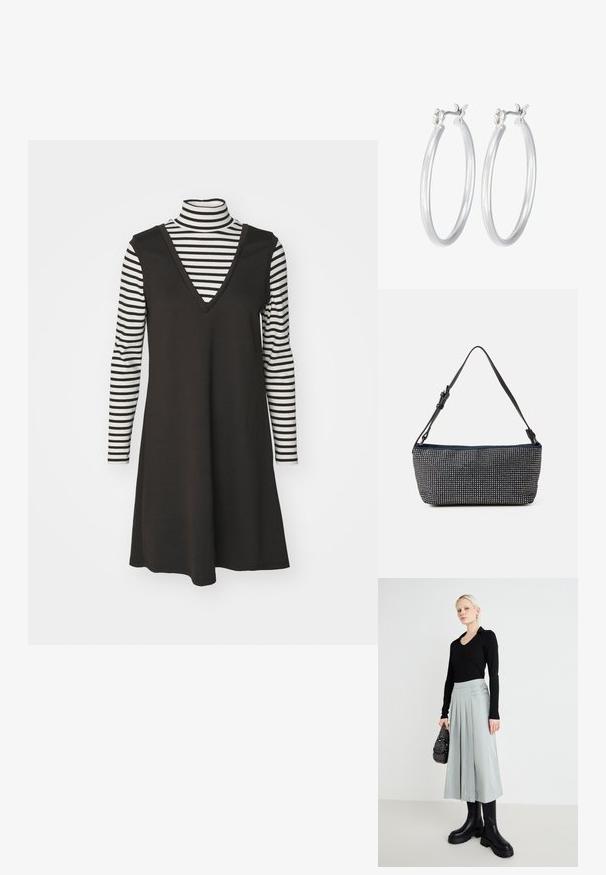 Czarna sukienka bez rękawów z dekoltem w serek, nałożona na paskowaną czarno-białą bluzkę z długim rękawem. Wykonana z bawełny, luźny krój, pionowe paski.; Czarny top z długim rękawem, jasnoszara spódnica plisowana z podwójnymi zapięciami, oraz czarne botki na grubej podeszwie; srebrna torebka z ozdobami.; Granatowa torebka materiałowa z teksturowanym wzorem srebrnych ćwieków, z pojedynczym regulowanym czarnym paskiem i prostokątnym kształtem.; Srebrne kolczyki w formie kółek o gładkim, polerowanym wykończeniu. O okrągłym kształcie i pewnym zapięciu na klik. Lekka konstrukcja odpowiednia do codziennego noszenia.