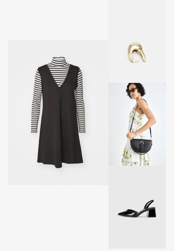 Juoda begalinė suknelė su V formos iškirpte, uždengta juodai baltu šoniniu dryžiuotu ilgomis rankovėmis marškinėliu. Medvilninė medžiaga, laisvas siluetas, vertikalūs dryžiai.; Juodos lakuotos odinės šlepetės su smailiu pirštu ir geometriniu bloko kulnu. Turi elegantišką, minimalistinį dizainą ir lygų paviršių.; Juodas odinis krepšys su išlenkta forma, nuimamu dirželiu ir auksiniais detalėmis. Krepšys turi kilpą su sagtimi.; Aukso tono metalinės auskarai su stilingu, kreiviu dizainu. Išsiskiria ryškiu smailiu pavidalu, poliruota paviršiumi ir užsegimu su vyriu.