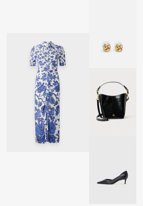 Gėlių suknelė su balta fone ir mėlynomis gėlėmis, trumpomis rankovėmis, su knopkiniu užsegimu priekyje ir susiūta detale ties juosmena.; Juodi odiniai aukštakulniai su smailiu priekeliu ir žemu kulnu. Turi lygią tekstūrą ir subtilų blizgesį. Priekyje yra atvira anga, suteikianti papildomo detalių.; Juodas krokodilo rašto odinis krepšys su lenkta forma, auksiniais aksesuarais, reguliuojama juosta ir logotipo detale priekyje.; Aukso spalvos mazgo auskarai su sukimo dizainu. Kiekvienas auskaras turi apvalų skaidrų pagrindą, užtikrinantį saugų dėvėjimą.