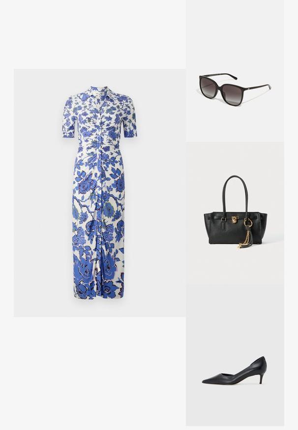Virágmintás ruha fehér alapszínen kék virágokkal, rövid ujjak, gombos elülső rész és rakott díszítés a derékon.; Fekete bőr magassarkú cipő hegyes orral és alacsony sarokkal. Sima felülettel és enyhe fényű kialakítással rendelkezik. Az elején nyitott részlet a fokozott díszítésért.; Fekete téglalap alakú napszemüveg, fokozatos színezésű lencsékkel, műanyag kerettel és fémből készült logóval a szárán. Klasszikus dizájn, sima textúrával.; Fekete bőr kézitáska dupla fogantyúkkal, aranyzárral és lánc részletekkel, fekete-fehér bojt kiegészítővel, fehér háttéren.
