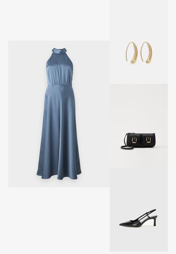 Zila haltera kleita ar teksturētu audumu, pieguļošu augšdaļu un plūstošu svārku, kurai ir elastīga josta un nav redzamu piederumu.; Melna patent āda ar slīdošo papēdi un smailo purngalu, ar teksturētu čūsku drukājumu, regulējamu siksniņu un īsu teksturētu blokpapēdi.; Melnas ādas crossbody soma ar divām priekšējām kabatām, zelta sprādzēm, ar rāvējslēdzēju aizdari un šauru siksnu. Strukturēta virsma un kompakta taisnstūra forma.; Zelta toņu metāla gredzena auskari ar izliektu, pagarinātu formu. Ar gludu, spīdīgu virsma un noapaļotu galu papildu detaļām.