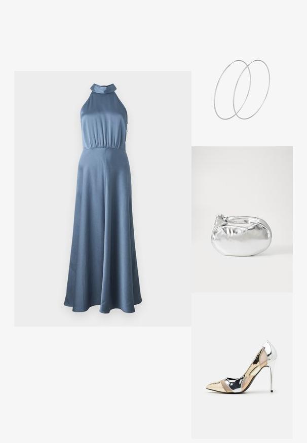 Abito blu con scollo all'americana realizzato in tessuto texturizzato, con corpetto aderente e gonna fluida, dotato di una cintura elastica e senza hardware visibile.; Scarpa con tacco alto a punta, con una combinazione di colori argento, oro e nudo. Finitura lucida con design a ritaglio, con tacco a stiletto.; Borsa a pochette metallica argentea con una forma morbida e arrotondata e chiusura superiore annodata. Realizzata in materiale sintetico morbido.; Orecchini a cerchio in argento con un design minimalista. Forma circolare, superficie liscia e profilo sottile. Leggeri con una finitura lucida.