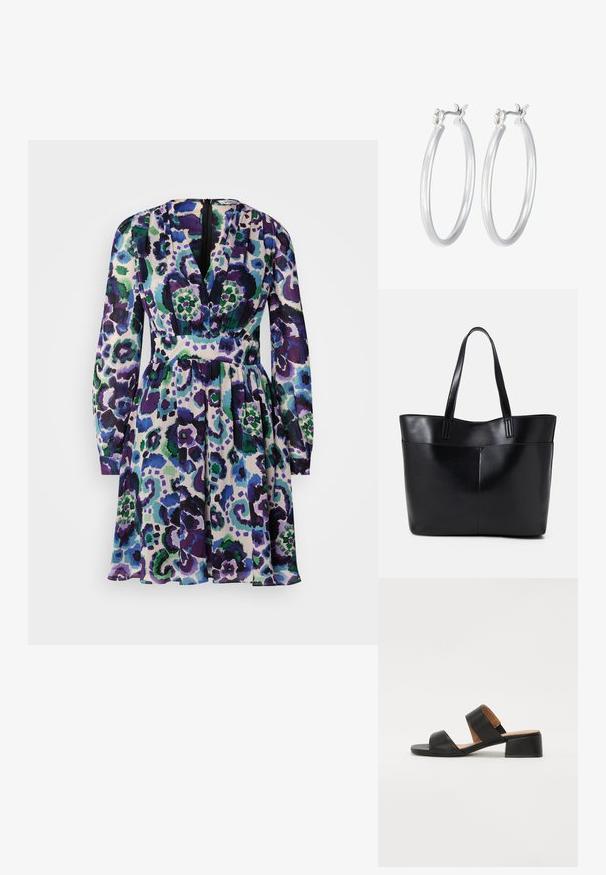 Krāsains kleita ar V veida kakla, garām piedurknēm un pieguļošu vidukli. Iezīmēta ar purpursarkaniem, zaļiem un ziliem ziedu rakstiem uz gaiša fona.; Melna ādas sandaļa ar divām platām siksnām pāri kājai, kvadrātveida purngala un zemu blokveida papēdi. Gluda virsma un minimālistisks dizains.; Melnas ādas iepirkumu soma ar divām garām rokturām, gludu tekstūru un strukturētu formu. Iekļauj priekšējo kabatu papildu uzglabāšanai.; Sudraba riņķveida auss gredzeni ar gludu, pulētu apdari. Apaļa forma un drošs klikšķa augšējais slēgums. Viegls dizains, kas piemērots ikdienas valkāšanai.