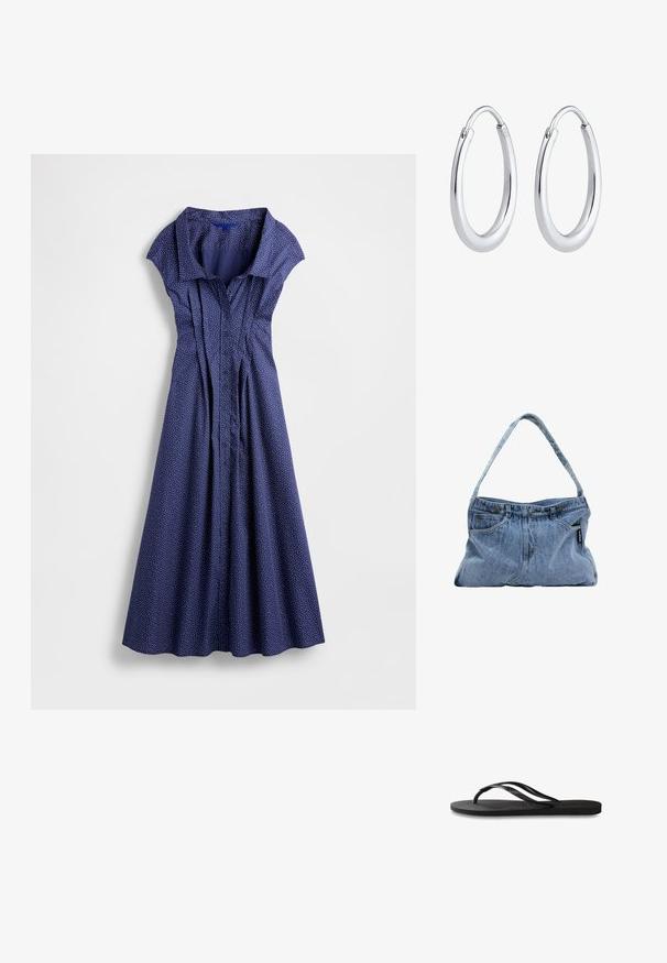Marineblaues Kleid mit kurzem, strukturiertem Kragen, Knopfleiste und Falten. Mit weißen Punkten und ausgestelltem Rockdesign.; Schwarze Flip-Flops mit einer strukturierten Gummisohle, zwei schlanken Riemen und einem dezenten, geprägten Logo-Detail auf dem Riemen.; Denim Schultertasche mit einem gebogenen Tragegurt, zwei Vordertaschen und einem geknöpften Oberteil, ausgestattet mit hellblauem Stoff und kontrastierenden Steppnähten.; Silberne Creolen mit einer glatten, polierten Oberfläche. Sie haben eine einzigartige ovale Form und ein sicheres Verschlussdesign. Mit "925" für Sterlingsilber gekennzeichnet.
