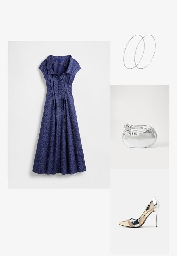 Marineblå kjole med kort, struktureret krave, knaplukning foran og plisseringer. Har hvide polkaprikker og et skørt med udvidet pasform.; Spidse højhælede sko med et farveskema i sølv, guld og nude. Blank finish med udskæringsdesign, der har en stilletto hæl.; Sølvmetallic pose med en blød, rund form og en knyttet lukning foroven. Fremstillet af glat faux lædermateriale.; Sølvøreringe med et minimalistisk design. Cirkulær form, glat tekstur og tynd profil. Letvægtige med en poleret overflade.
