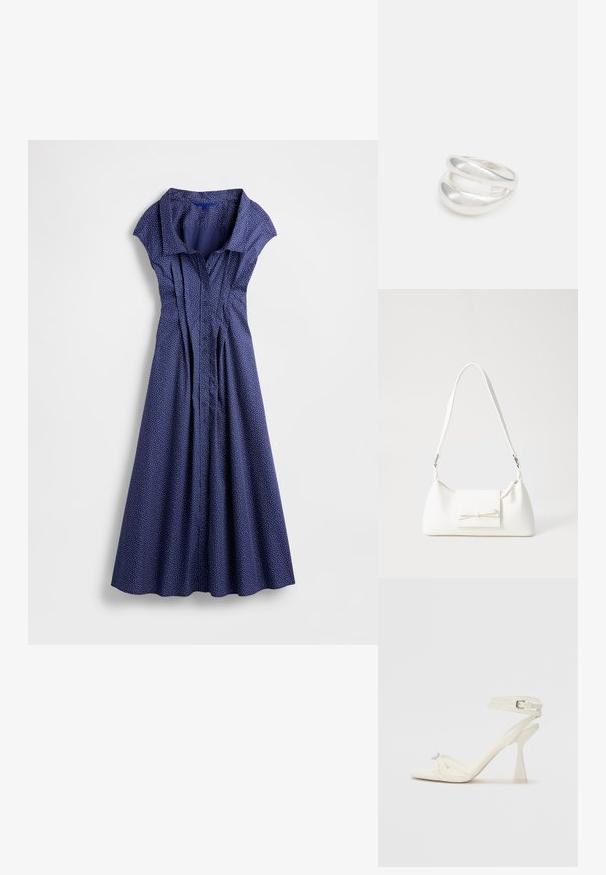 Marineblå kjole med kort, struktureret krave, knaplukning foran og plisseringer. Har hvide polkaprikker og et skørt med udvidet pasform.; Sandal med høj hæl i hvid læder med et elegant design, en transparent blokhæl og et dekorativt element ved tåen.; Hvid syntetisk håndtaske med en trekantet form, flad forsideklap og sløjfedetalje, justerbar strop, glat tekstur og minimalistisk design.; Sølvring med dobbeltbånd og en glat, poleret overflade. Den har et flydende, buet design med overlappende sektioner for et moderne udtryk.