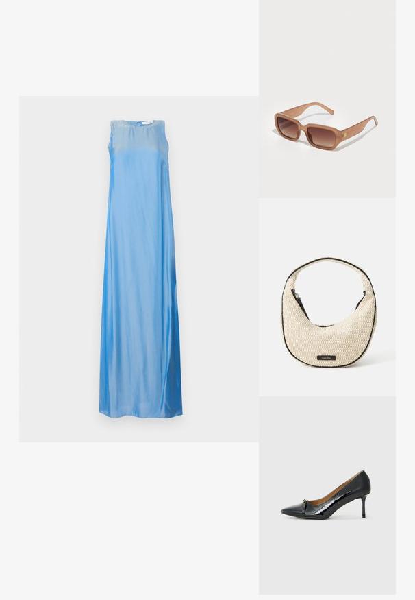 Ermeløs blå maxi-kjole laget av glatt, shiny stoff, med en avslappet passform og subtil gradient fra lys til mørk blå.; Sorte patent lær høyhælte sko med spiss tå, dekorativ stroppdetalj foran og tynn stiletthel.; Brune rektangulære solbriller med gradientlinser, tykke rammer og en logo detalj på siden. Glatt plastmateriale, minimalistisk design.; Beige vevd skulderveske med en buet form og svart kant. Har glidelås på toppen og et logomerke foran.; Sett med fem gulløredobber, med varierte design: vridde, ribbede og glatte overflater i både hoop- og halvmåneformer.