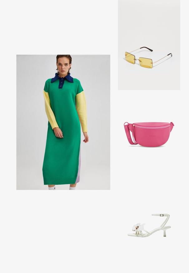 Strikkjole i grøn, med en navy krave, gule ærmer og lavendel sidepanel. Har en knapstolpe og ribbede manchetter.; Hvide hælede sandaler lavet af tekstureret materiale, med en bred blomsteraccent på tåen, tynde remme og en mellem-høj stiletto hæl.; Firkantede solbriller med gule linser, guldmetalramme og brune accenter på stelarmene. Minimalistisk design med klare næsepuder.; Lyserød læder crossbody taske i rund form med guld lynlås og justerbar skulderrem. Har præget logo på forsiden.