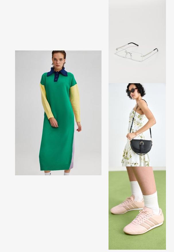 Žalio megztinio su mėlynu apykakle, geltonomis rankovėmis ir levandų šoniniu panele. Savybė - sagų užsegimas ir iškilūs rankogaliai.; Šviesiai rožiniai sportiniai batai su įstrižai siūtomis detalėmis, baltais pado ir trimis šoninėmis juostomis. Dėvimi su banguotomis baltomis kojinėmis ant žalios paviršiaus.; Stačiakampiai akinių lęšiai su plonu sidabriniu metaliniu rėmu ir juodais acetato galiukais. Išskirtinai minimalus dizainas su nedideliu aparatūros kiekiu.; Juodas odinis krepšys su išlenkta forma, nuimamu dirželiu ir auksiniais detalėmis. Krepšys turi kilpą su sagtimi.