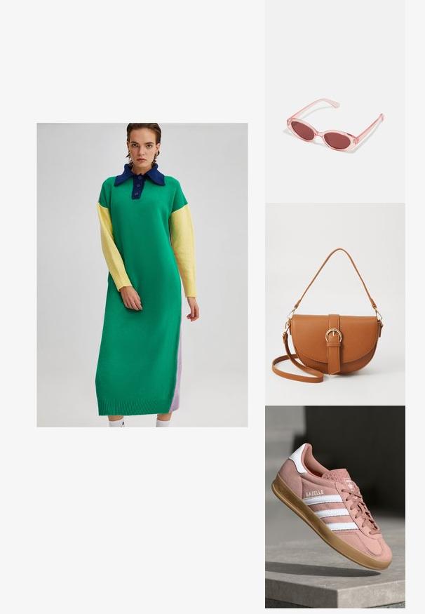 Pletivové šaty v zelenej farbe, s námorníckym golierom, žltými rukávmi a levanduľovou bočnou panelou. Obsahujú zapínanie na gombíky a rebrované manžety.; Ružové semišové tenisky s bielymi pruhmi, gumovou podrážkou, textúrovaným vrchom a logom na jazykovej části. Klasický nízkoprofilový dizajn.; Ružové priehľadné slnečné okuliare s oválnymi šošovkami, tmavočerveným tónovaním a štíhlymi ramenami, so hladkým povrchom a jemnými detailmi na ráme.; Hnedá kožená kabelka cez telo s zakriveným tvarom, zlatými kovovými doplnkami a akcentom s prackou. Obsahuje odnímateľný ramenný popruh.