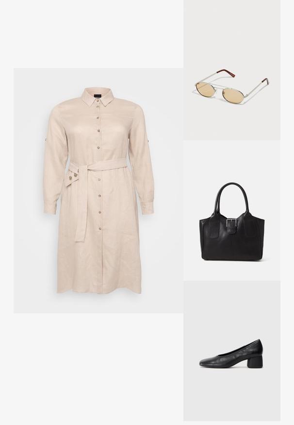 Osvetljena bež obleka iz lanu z ovratnikom, dolgimi rokavi, sprednjim zapiranjem na gumb in pasom, vezanim okoli pasu.; Črne usnjene petke z zaobljenim nosom in srednjo blok peto. Gladka tekstura z minimalnimi detajli, ki vključuje subtilno elastično odprtino.; Metalne sončna očala z ovalnimi, svetlo rjavimi lečami. Tanjša srebrna okvirja s teksturiranimi detajli in rdečkasto-rjavimi konicami na ročajih.; Črna usnjena torba s gladko teksturo, strukturirano obliko, dvema ročkama in izrazitim srebrnim sponko na sprednji strani.
