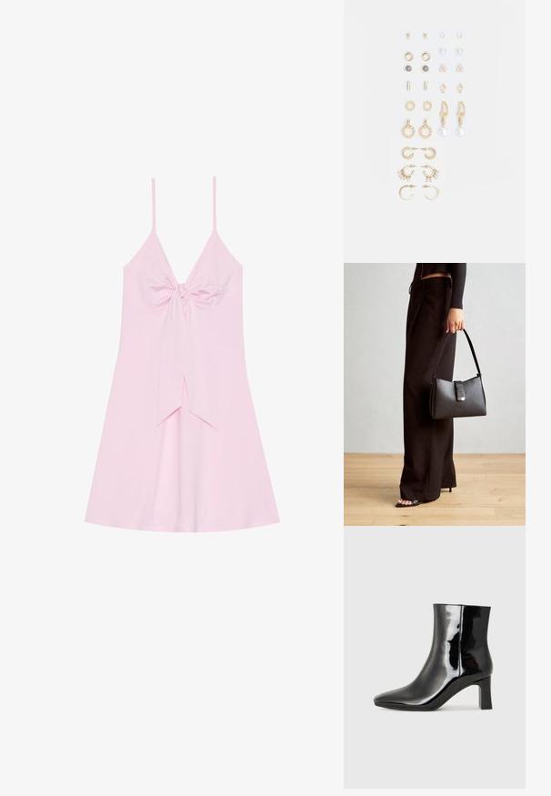 Roosa ilma varrukateta kleit, millel on esipoolne sõlm ja laienev seelikuosa. Valmistatud pehmest kangast, millel on sile tekstuur. Reguleeritavad õhukesed rihmad.; Must-sinine nahkjalats musta läikiva viimistlusega, millel on terav nina ja keskmise kõrgusega plokk konts. Sile tekstuur ja minimalistik disain.; Must musta kott, millel on struktureeritud kuju, sile tekstuur ja metallist klamber. Kombineeritud laiate mustade pükstega ja avatud varvaste sandaalidega puidust põrandal.; Kullastusust kõrvarõngaste komplekt, mis sisaldab erinevaid disaine, sealhulgas nööpe, rõngaid ja riputatavaid tükke, millel on pärlid ja rhinestones.
