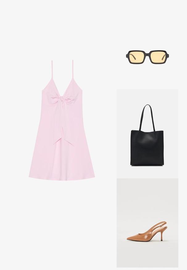 Roze mouwloze jurk met een voorknoopdetail en een uitlopende rok. Gemaakt van zachte stof met een gladde textuur. Verstelbare dunne bandjes.; Puntige slingback hak in een glad, glanzend beige materiaal. Bevat een gebogen uitsnijdontwerp en een slanke stiletto hak. Zilveren gesp detail.; Zwarte rechthoekige zonnebril met gele glazen, een lichtgewicht montuur en opvallende rechte randen op de temples. Gladde, glanzende afwerking.; Zwarte leren handtas met een gladde textuur, rechthoekige vorm en twee lange handvaten. Geen zichtbare hardware of versieringen.
