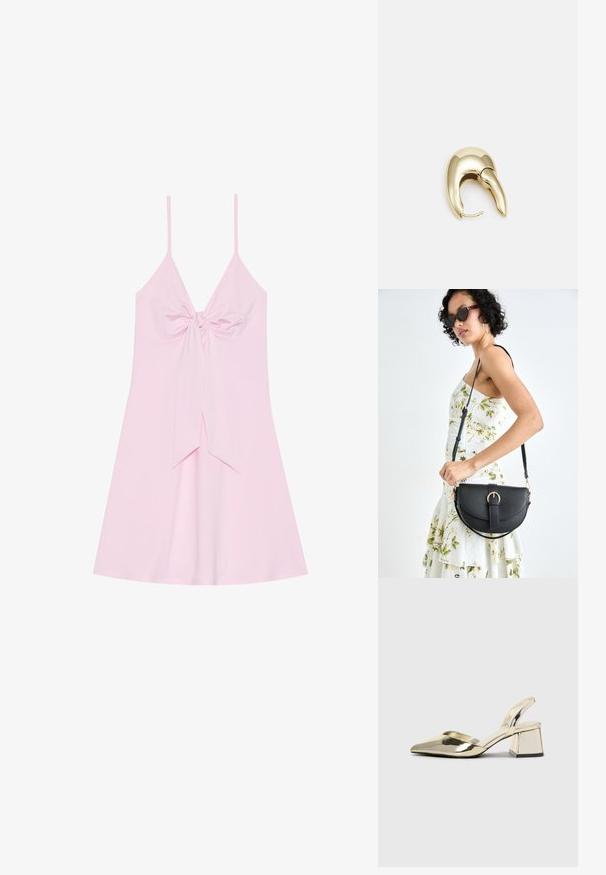 Vestido rosa sin mangas con un detalle de nudo en el frente y falda acampanada. Fabricado con un tejido suave de textura lisa. Tirantes finos ajustables.; Tacones slingback metálicos dorados con punta afilada y tacón grueso. Textura suave, diseño minimalista y una correa estrecha.; Bolso de piel negra con forma curva, correa desmontable y herrajes dorados. El bolso cuenta con una solapa con un detalle de hebilla.; Pendiente de metal en tono dorado con un diseño elegante y curvado. Presenta una forma puntiaguda distintiva, superficie pulida y cierre de bisagra.