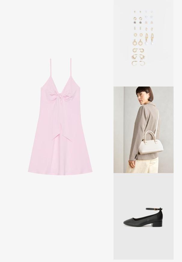 Rózsaszín, ujjatlan ruha, elülső csomó részlettel és bővülő szoknyával. Puha anyagból készült, sima tapintással. Állítható vékony pántokkal.; Fekete bőr magassarkú cipő hegyes orral és alacsony tömb sarkal. Bokapánttal rendelkezik, aranyszínű csattal. Simább textúra.; Fehér, strukturált kézitáska rövid füllel és vállpánttal, arany színű fém kiegészítőkkel és texturált anyagból, szürke háttér előtt bemutatva.; Arany tónusú fülbevalók szettje, amely különféle mintákat tartalmaz, beleértve a stift fülbevalókat, karikákat és gyöngyökkel és strasszokkal díszített hosszú fülbevalókat.