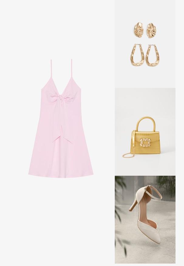 Roza brezrokavna obleka z detajlom prednje vozelj in razširjenim krilom. Narejena iz mehkega blaga z gladko teksturo. Tanek nastavljiv trak.; Bele visoke petne čevlje iz gladkega materiala s koničastim nosom in gležnjenim trakom. Imajo svetlo tan notranjost in zlat ton dodatkov.; Rumeno usnjeno-usnje z vzorcem krokodila, s strukturiranim dizajnom, zgornjo ročajem, snemljivo verižico in dekorativnim kristalnim okrasjem na zaponki.; Zlato obarvani uhani z teksturiranimi, valovitimi oblikami. Vključujejo skulpturalne sponke za ušesa in odprto obliko obročka s kladivastim finišem.